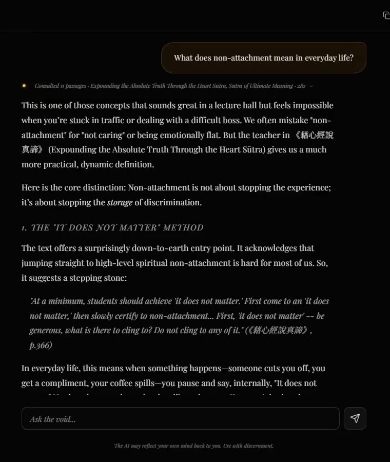 Dharma Explorer: a question about non-attachment typed in, then the answer with its source citation and suggested follow-ups