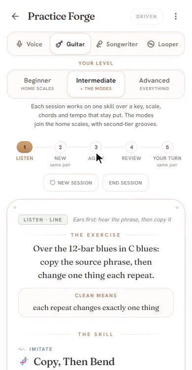 Practice Forge on mobile: choosing guitar and a level, then a live five-card session with its exercise card