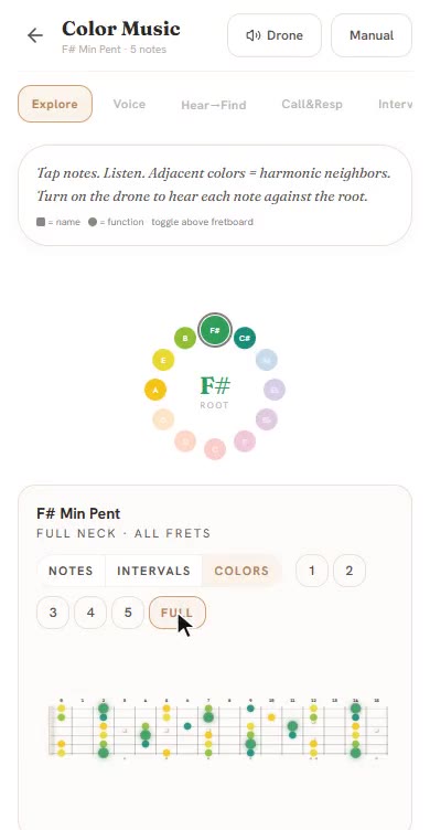Color Music on mobile: tapping keys on the color wheel re-maps the colored fretboard, then lights up the full neck