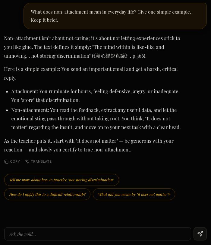 Dharma Explorer answering a question about non-attachment, quoting its source text with the page number