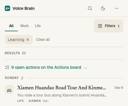 Voice Brain’s real mobile Library view with Work and Life tabs, the Learning category selected, and a dated tour recording with a short summary