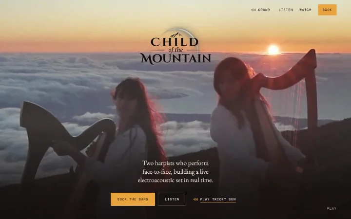 Child of the Mountain live website, with Sarah Glass and Alisa Rose Healy playing harps above the clouds at sunset